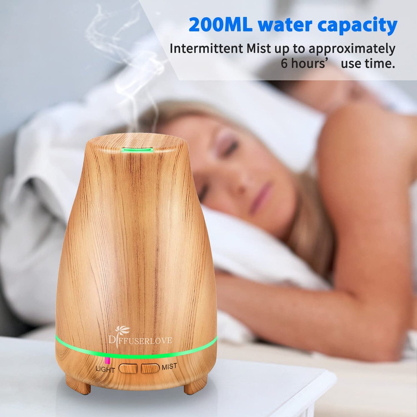 Diffuserlove 200ML Essential Oil Diffuser with Remote - 7 Color Lights, Auto Shut-Off (Yellow Wood Grain)