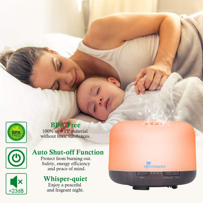 Diffuserlove 500ML Essential Oil Diffuser – 7 Color LED Lights, 7-Hour Mist, Auto Shut-Off