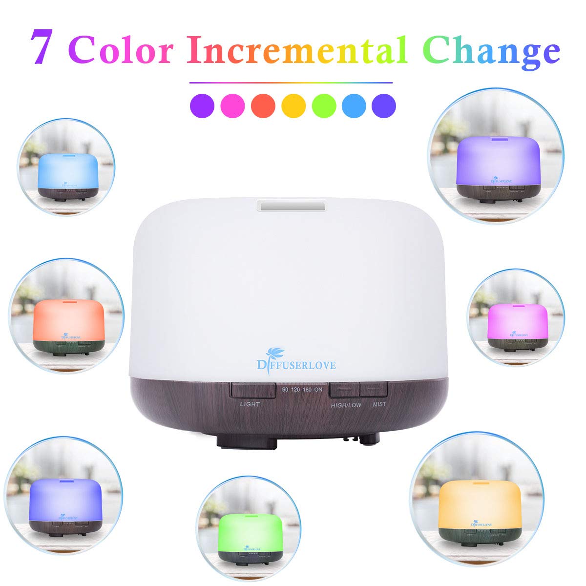 Diffuserlove 500ML Essential Oil Diffuser – 7 Color LED Lights, 7-Hour Mist, Auto Shut-Off