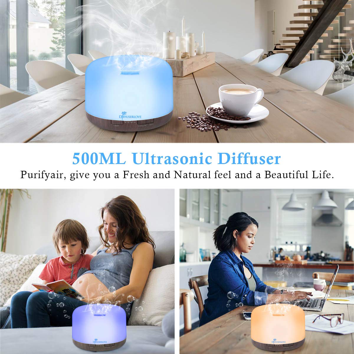 Diffuserlove 500ML Essential Oil Diffuser – 7 Color LED Lights, 7-Hour Mist, Auto Shut-Off