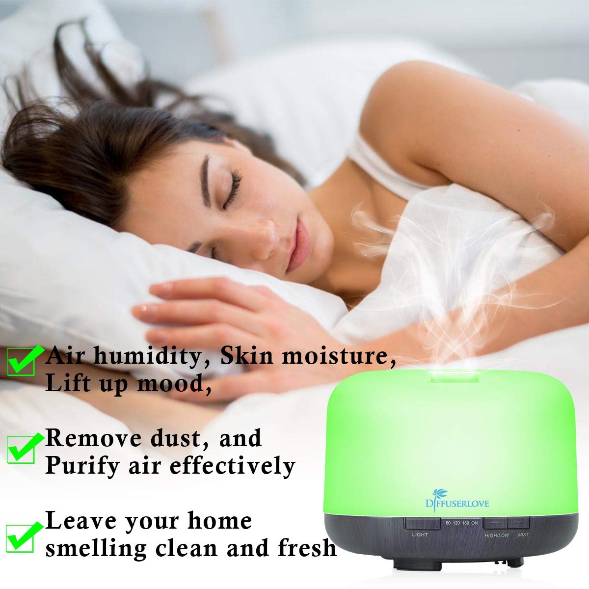Diffuserlove 500ML Essential Oil Diffuser – 7 Color LED Lights, 7-Hour Mist, Auto Shut-Off