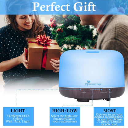 Diffuserlove 500ML Essential Oil Diffuser – 7 Color LED Lights, 7-Hour Mist, Auto Shut-Off