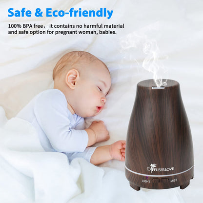 Diffuserlove 200ML Essential Oil Diffuser with Remote - 7 Color Lights, Auto Shut-Off, Black Wood Grain