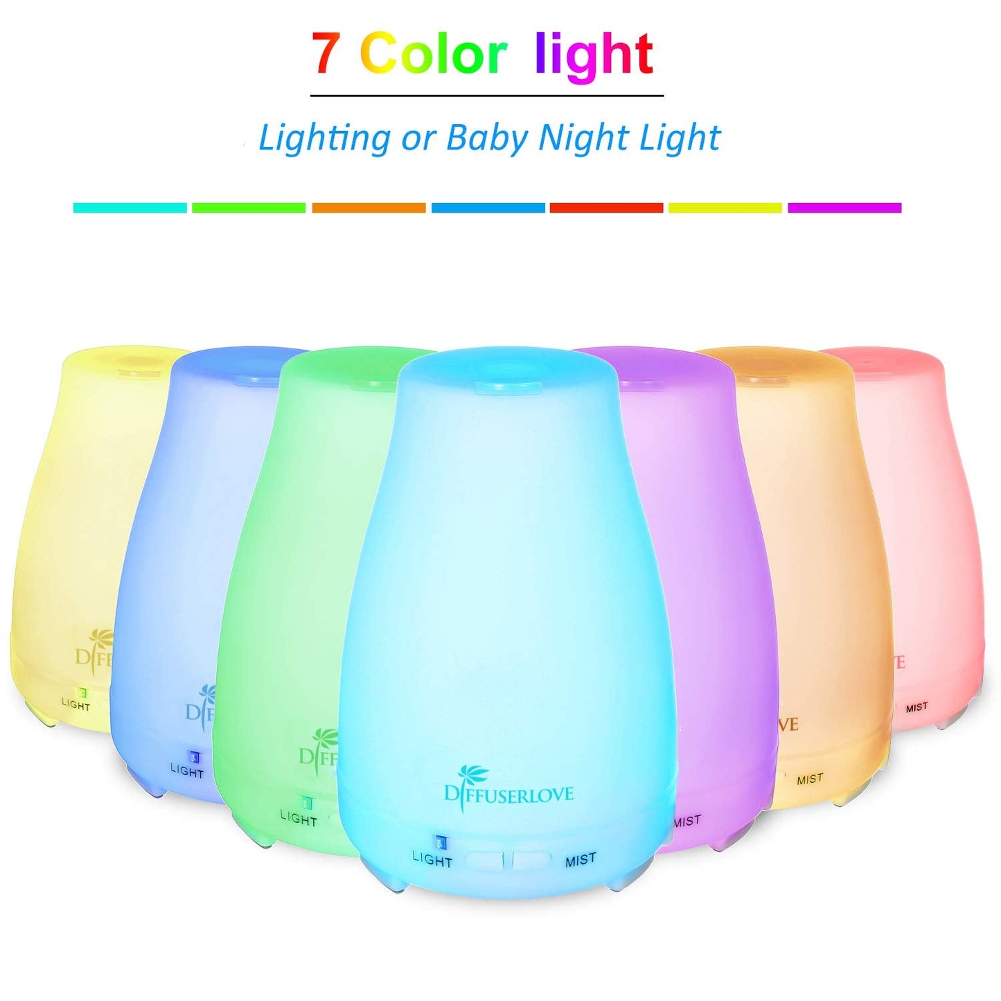 Diffuserlove 200ML Essential Oil Diffuser — Remote Control Ultrasonic Mist, BPA-Free Aromatherapy with 7 Color Lights