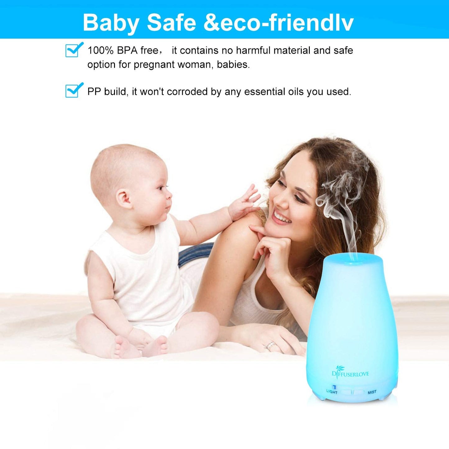 Diffuserlove 200ML Essential Oil Diffuser — Remote Control Ultrasonic Mist, BPA-Free Aromatherapy with 7 Color Lights