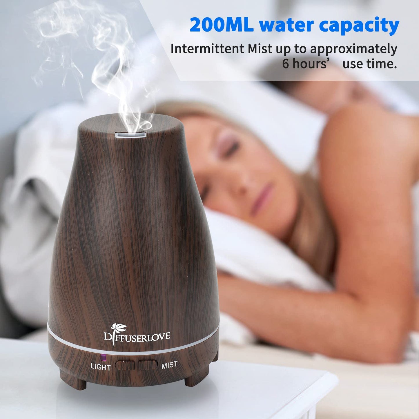 Diffuserlove 200ML Essential Oil Diffuser with Remote - 7 Color Lights, Auto Shut-Off, Black Wood Grain