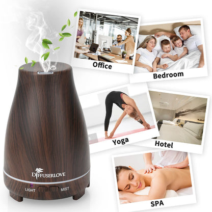 Diffuserlove 200ML Essential Oil Diffuser with Remote - 7 Color Lights, Auto Shut-Off, Black Wood Grain