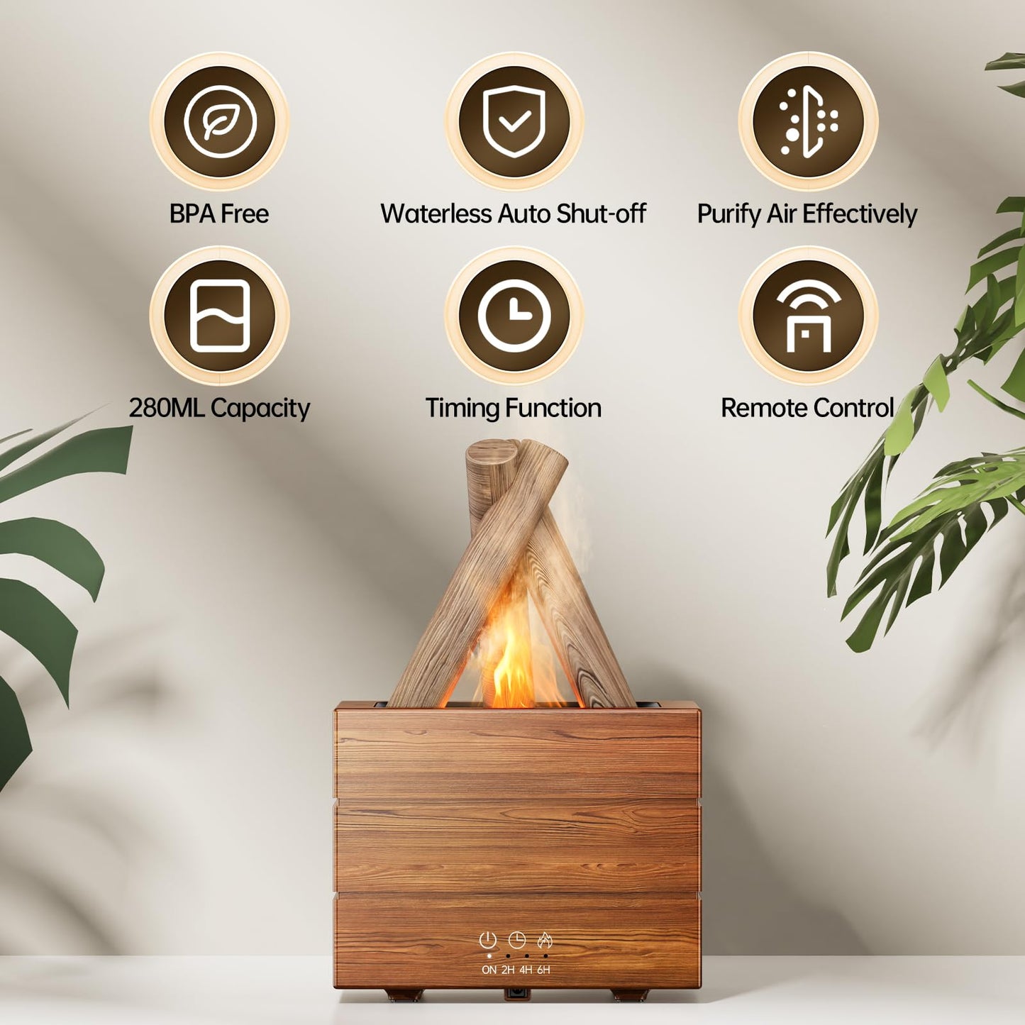 Bonfire Essential Oil Diffuser by Diffuserlove — 280ML Flame Ambience, 8 Color LEDs, Remote