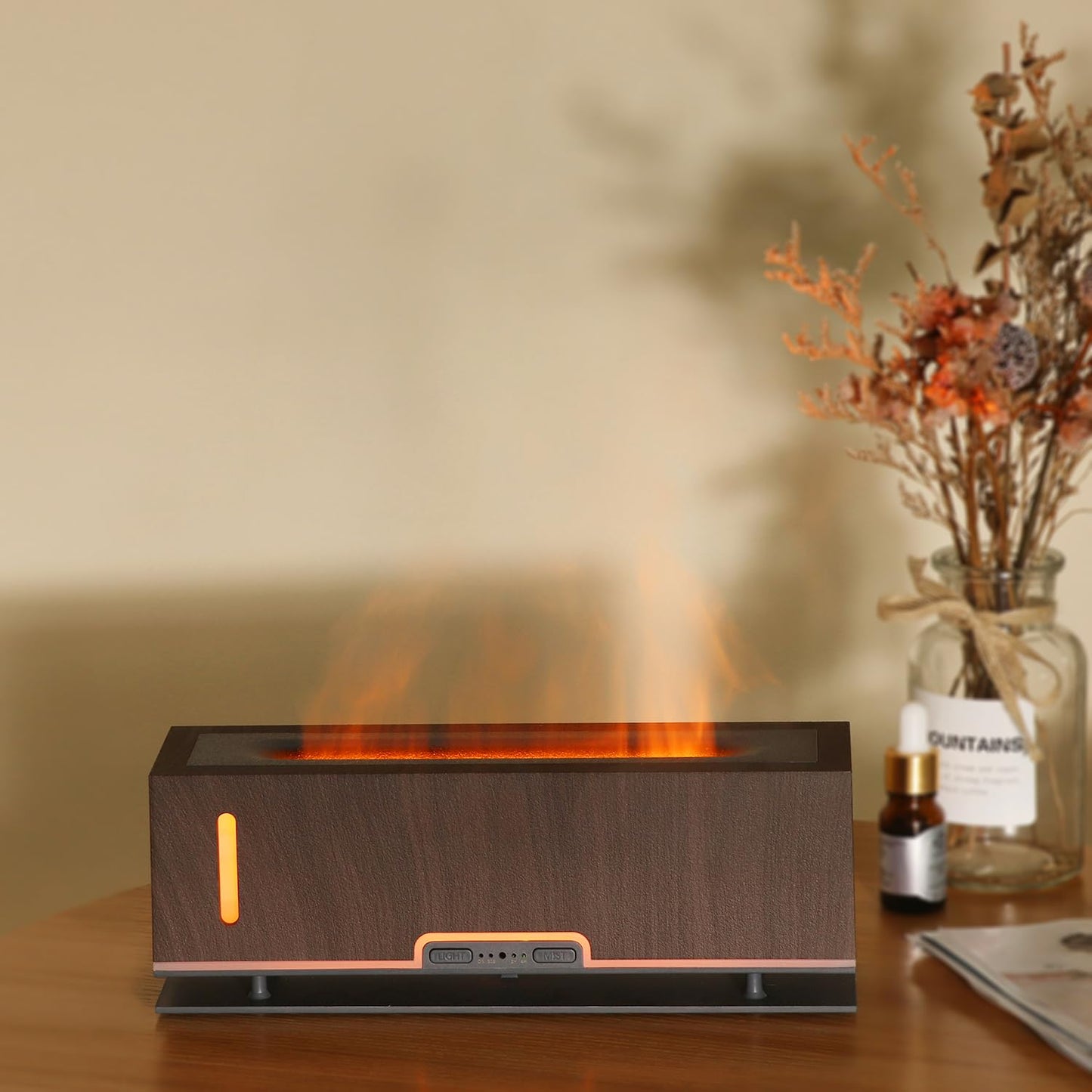 Diffuserlove Flame Diffuser 200ml – Realistic Flame Aroma Diffuser for Bedroom (Dark Brown)