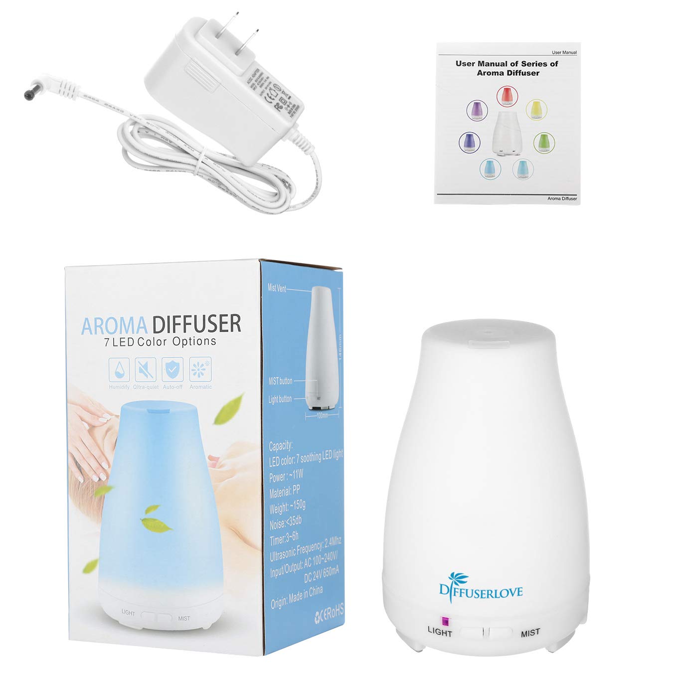 Diffuserlove 200ML Essential Oil Diffuser — Remote Control Ultrasonic Mist, BPA-Free Aromatherapy with 7 Color Lights
