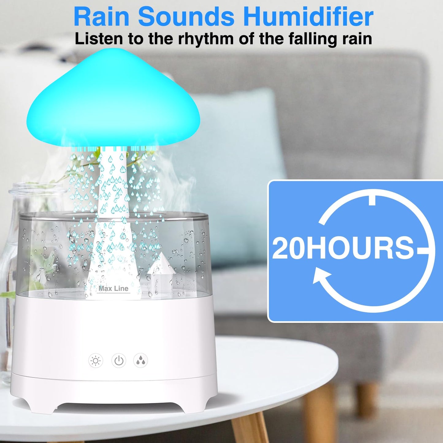 Diffuserlove Rain Diffuser 450ML – Cloud Humidifier with Rain Sounds, Remote Control, RGB Lamp (6.54''x10.5'')