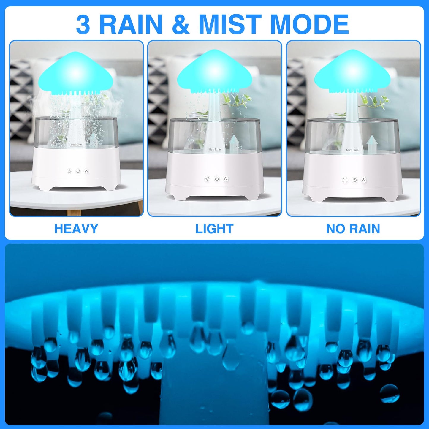 Diffuserlove Rain Diffuser 450ML – Cloud Humidifier with Rain Sounds, Remote Control, RGB Lamp (6.54''x10.5'')