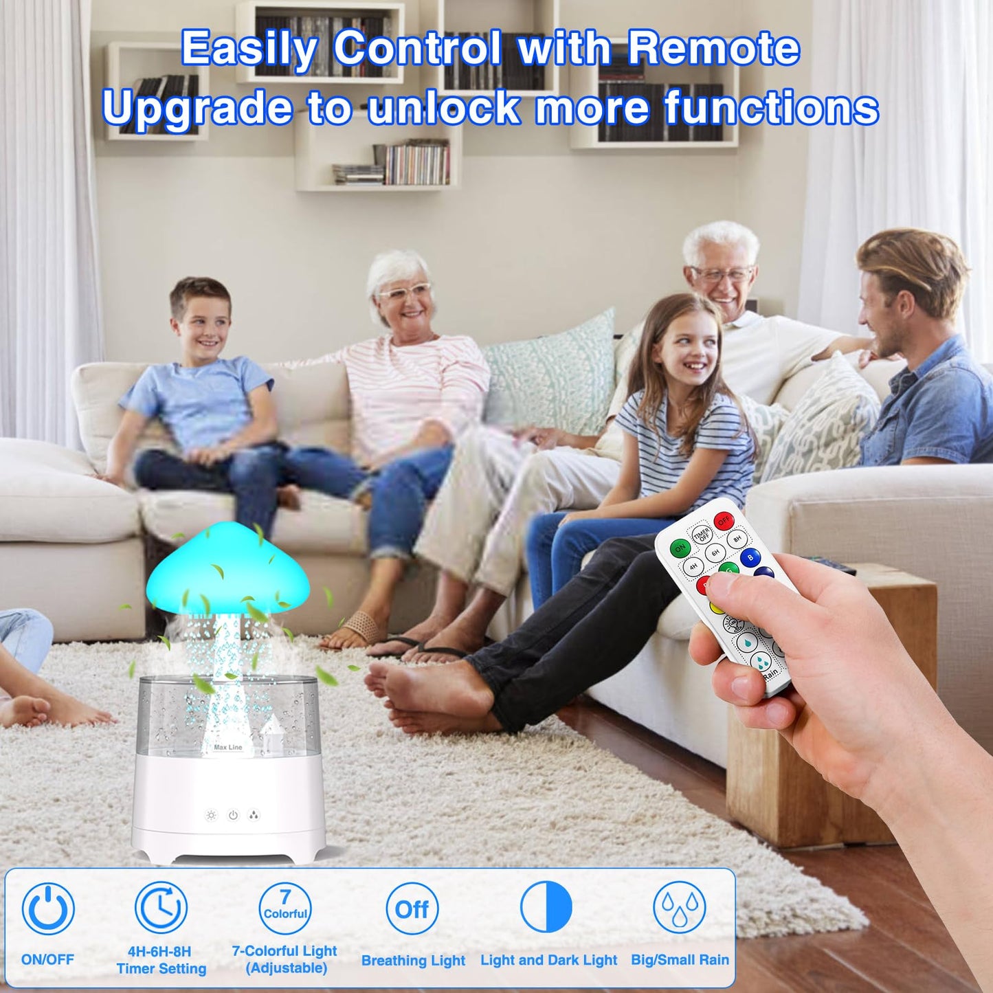 Diffuserlove Rain Diffuser 450ML – Cloud Humidifier with Rain Sounds, Remote Control, RGB Lamp (6.54''x10.5'')