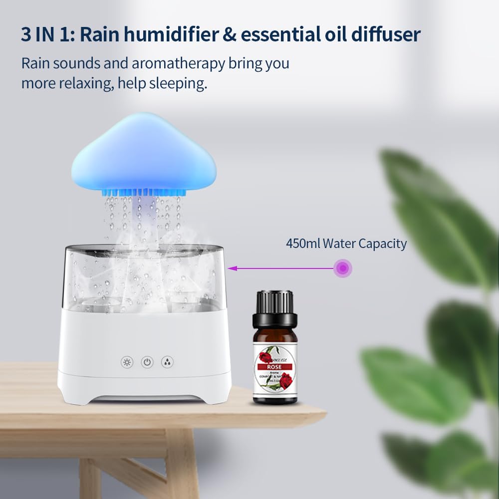 Diffuserlove Rain Diffuser 450ML – Cloud Humidifier with Rain Sounds, Remote Control, RGB Lamp (6.54''x10.5'')