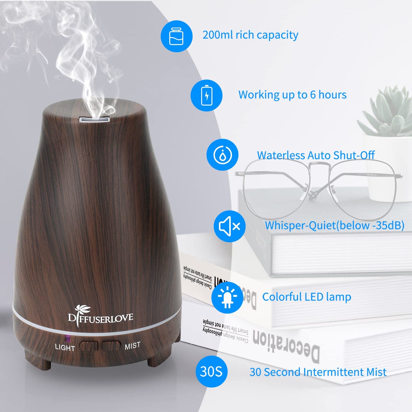 Diffuserlove 200ML Essential Oil Diffuser with Remote - 7 Color Lights, Auto Shut-Off, Black Wood Grain