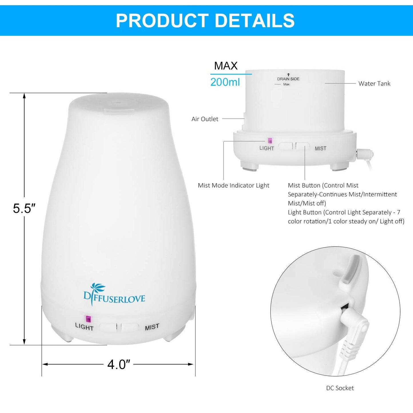 Diffuserlove 200ML Essential Oil Diffuser — Remote Control Ultrasonic Mist, BPA-Free Aromatherapy with 7 Color Lights