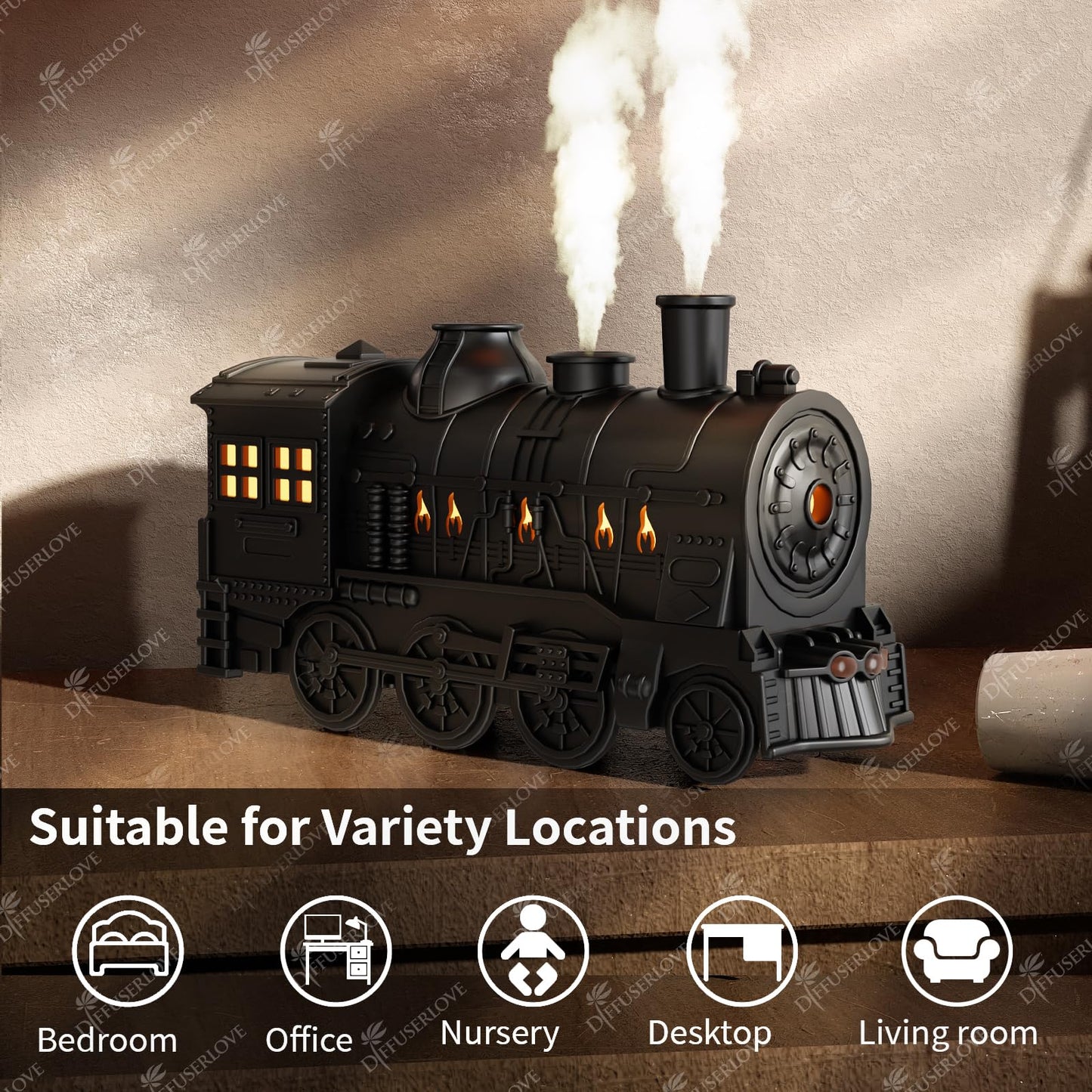 Diffuserlove Train Diffuser 300ML – Essential Oil Diffuser, Night Light (Black)