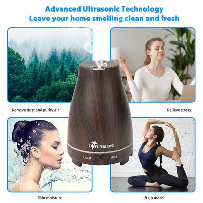 Diffuserlove 200ML Essential Oil Diffuser with Remote - 7 Color Lights, Auto Shut-Off, Black Wood Grain