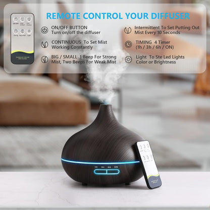 Large Room 550ml Essential Oil Diffuser with Remote – Ultrasonic Diffuser, Timer, 7-Color Lights