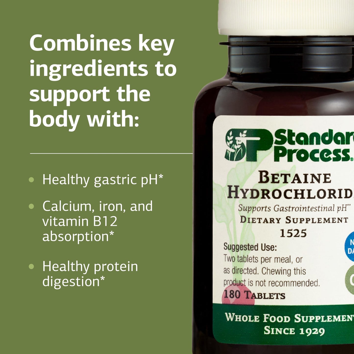 Betaine Hydrochloride Supplement 180 Tablets | Digestive pH Support & Iron Absorption - Gluten-Free