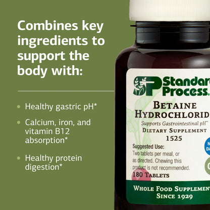 Betaine Hydrochloride Supplement 180 Tablets | Digestive pH Support & Iron Absorption - Gluten-Free