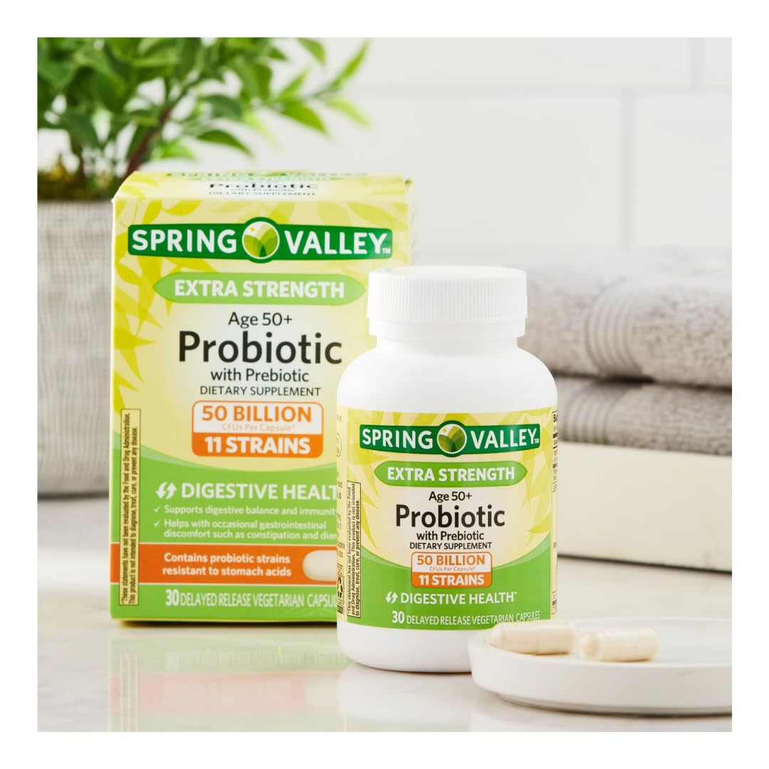 Spring Valley Age 50+ Probiotic + Prebiotic (30 Count) — Delayed-Release Vegetarian Capsules for Digestive Health | Gift Ice Roller