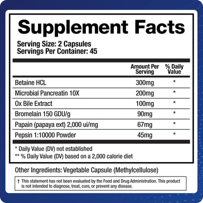 Digestive Enzymes Supplement (90 Caps) – Purified Bile, Pancreatin & Betaine HCl