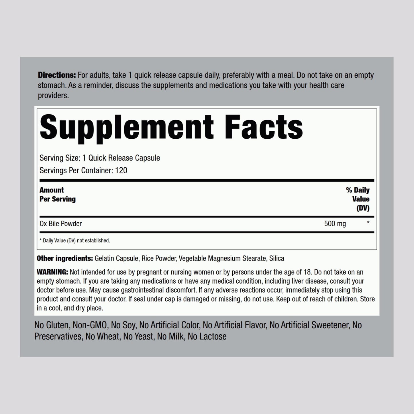 Piping Rock Ox Bile Supplement 500mg – 120 Capsules | Gluten Free & Non-GMO
