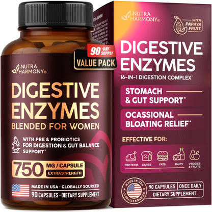Digestive Enzymes for Women - Multi Digestive Enzymes | Papaya | Bromelain | Probiotic & Prebiotics - Gut & Digestion Support, Bloating Relief - Vegan, Lab Tested - Made in USA - 90 Capsules, One/Day