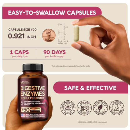 Digestive Enzymes for Women - Multi Digestive Enzymes | Papaya | Bromelain | Probiotic & Prebiotics - Gut & Digestion Support, Bloating Relief - Vegan, Lab Tested - Made in USA - 90 Capsules, One/Day