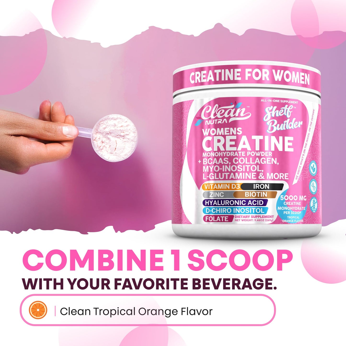 Creatine for Women | Creatine Monohydrate + BCAA Powder Myo-Inositol Collagen Biotin Hyaluronic Acid Folate L Glutamine Vitamin D3 Iron Zinc D-Chiro-Maca Digestion Shelf Builder by Clean Nutra