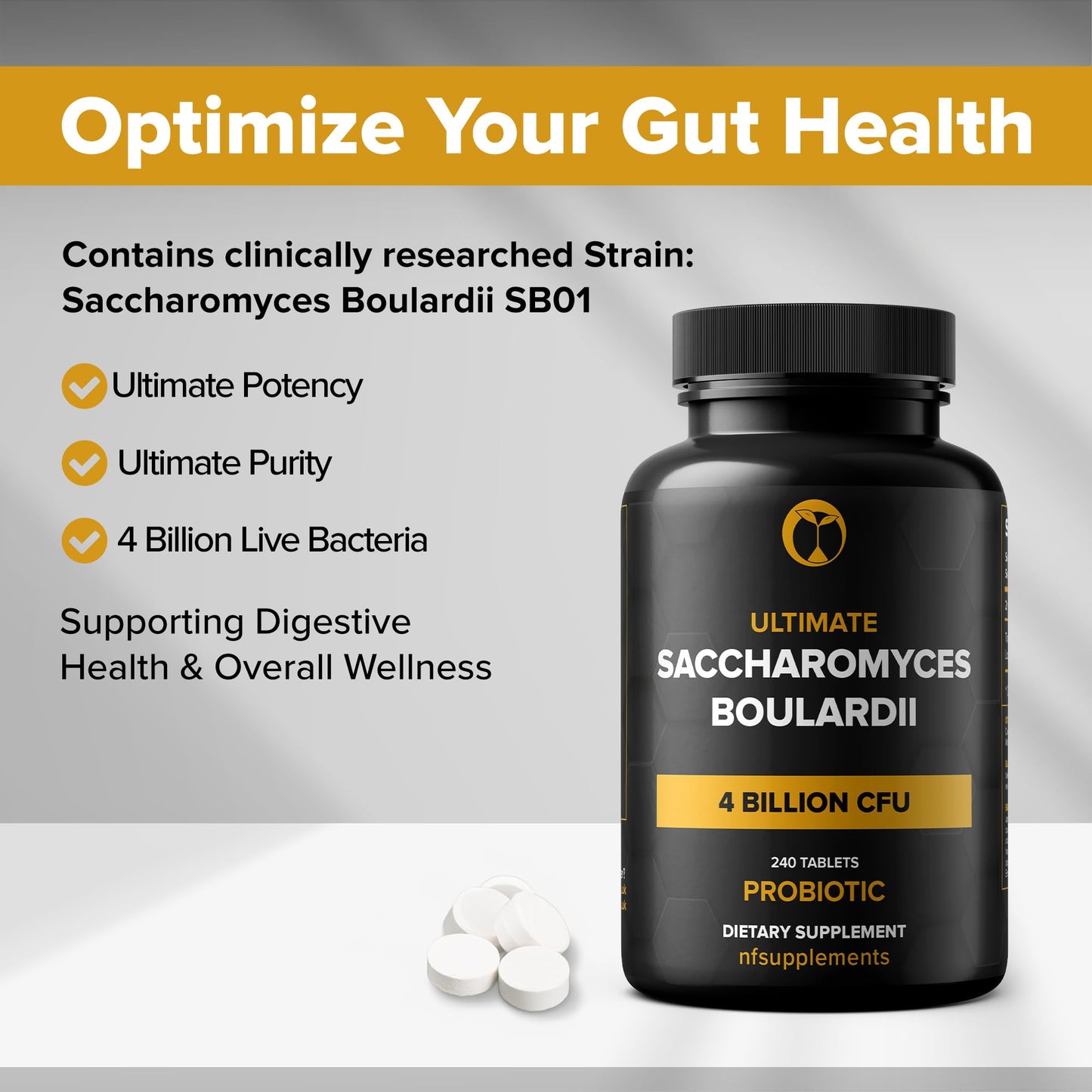 Saccharomyces Boulardii Probiotic Supplement – 4 Billion CFU, 240 Tablets – Digestive & Gut Health, Vegan, Gluten Free, Non-GMO