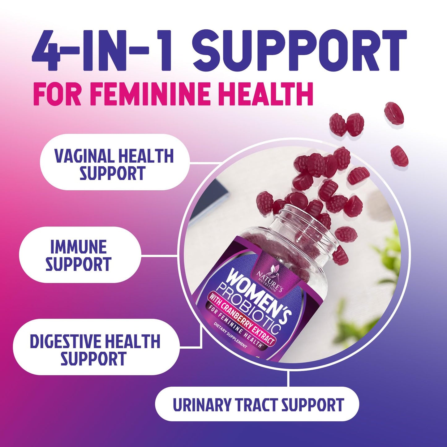 Probiotics for Women Gummies with Cranberry — 3 Billion CFU, 6 Strains, Digestive & Vaginal Health (60 Gummies)