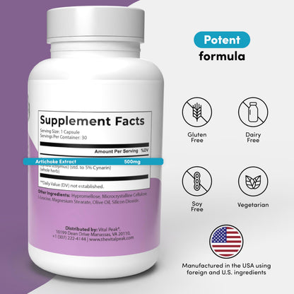 Vital Peak Artichoke 500 mg - Liver Health & Digestive Support (30 Capsules)