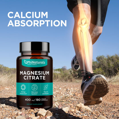 Magnesium Citrate Capsules 400 mg – 180 Veg Caps – Nervous System Support and Enzyme Function | PhiNaturals