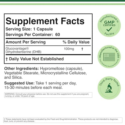 Dihydroberberine 100mg (60 Caps) - GlucoVantage | Third-Party Tested | Vegan Safe | Double Wood