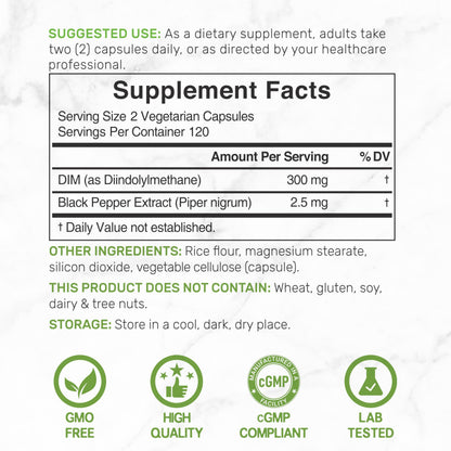 DIM Supplement 300mg, 240 Caps, 4 Months Supply | Estrogen Balance for Men & Women | Diindolylmethane Plus Black Pepper Extract for Enhanced Absorption | Hormonal & Skin Health Support