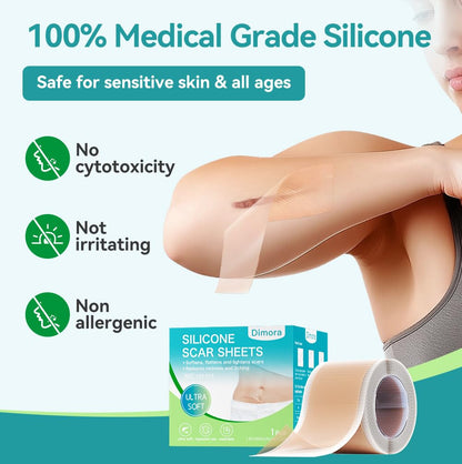 Dimora Medical Grade Silicone Scar Sheets — Ultra Soft Scar Tape (1.6x60 in), Hypoallergenic & Sensitive-Skin Safe