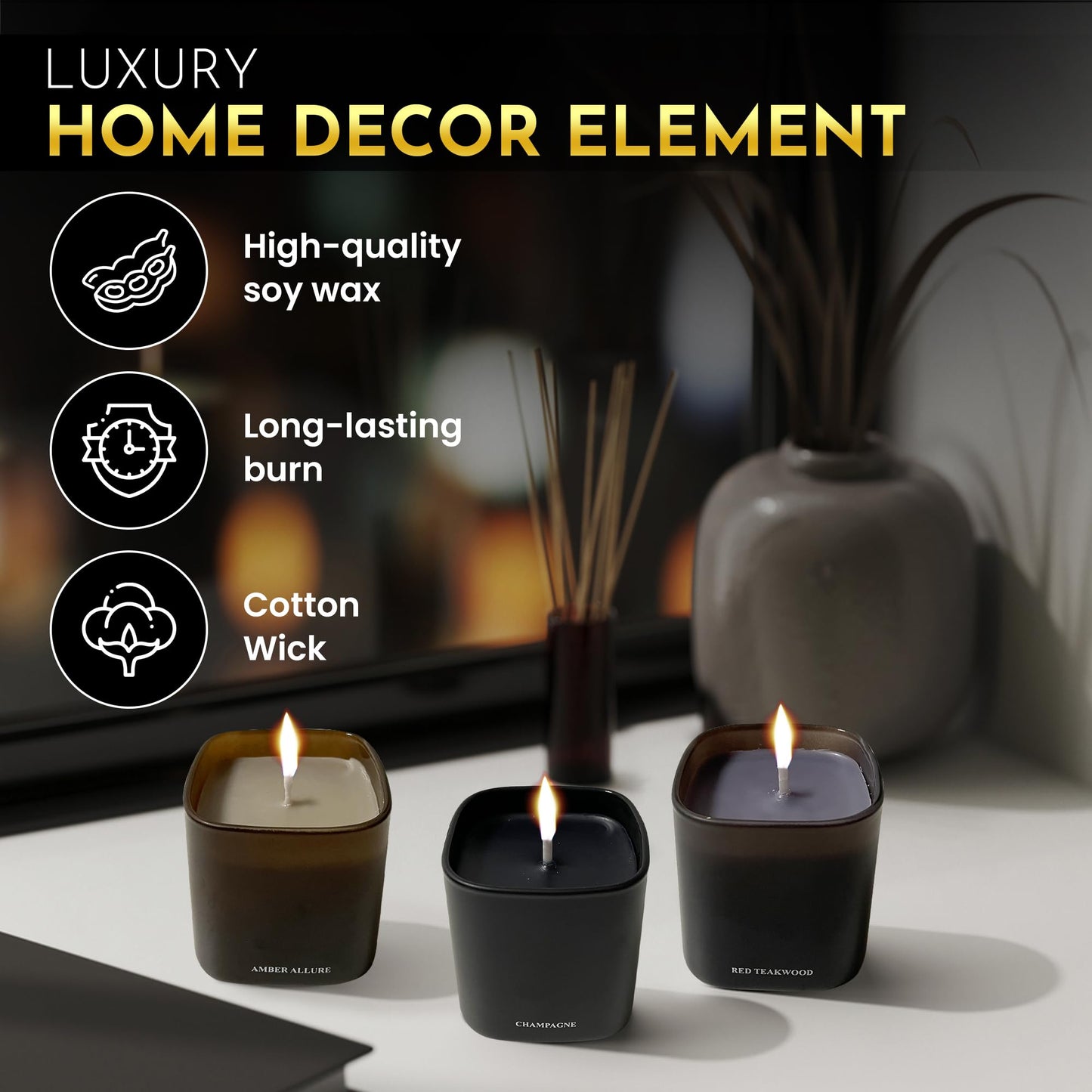 DinBer Candle Gift Set – 3 Scented Soy Candles (50+ hrs each) | Amber Allure, Red Teakwood & Champagne – Flower-Inspired Scents