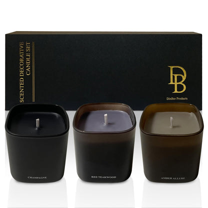 DinBer Candle Gift Set – 3 Scented Soy Candles (50+ hrs each) | Amber Allure, Red Teakwood & Champagne – Flower-Inspired Scents