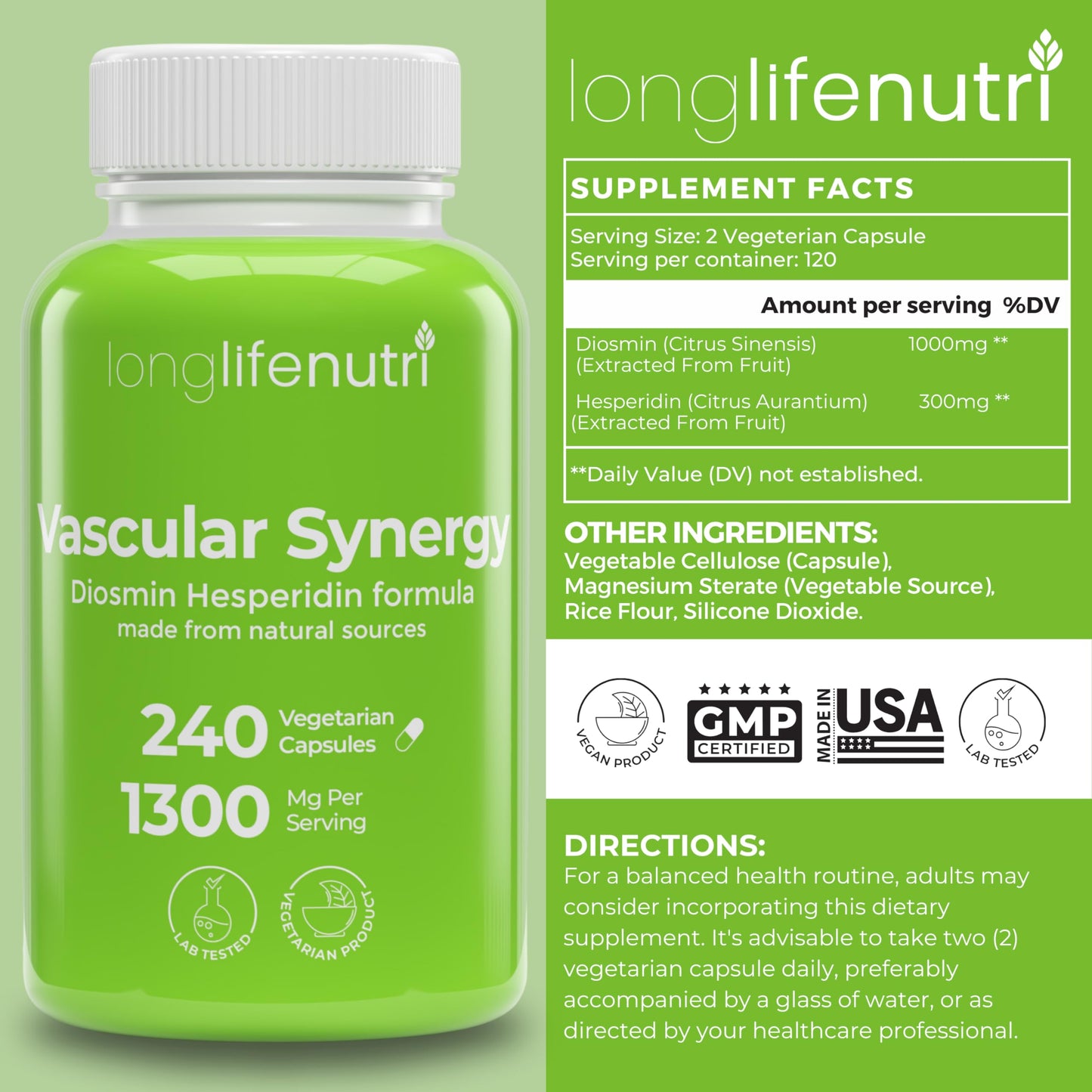 LongLifeNutri Diosmin Hesperidin Complex – Vein Health & Circulation Support, 240 Capsules (4-Month Supply) – Made in USA