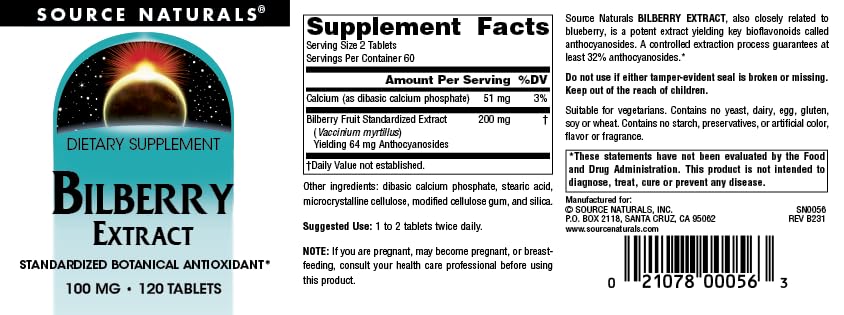 Source Naturals Bilberry Extract 100 mg | 120 Tablets | Anthocyanosides 32%