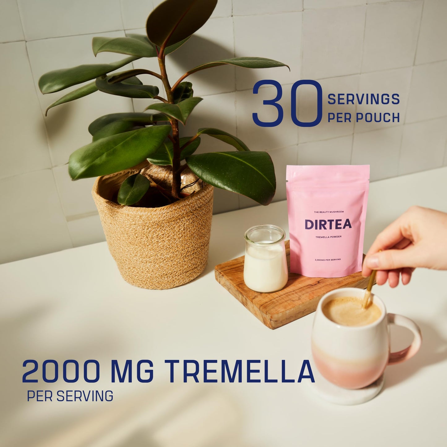 DIRTEA Tremella Mushroom Powder | 2,000mg / Serving | Organic, Vegan & Non GMO | Skin Hydration & Collagen Production | High Strength Supplement | 60g - 30 Servings