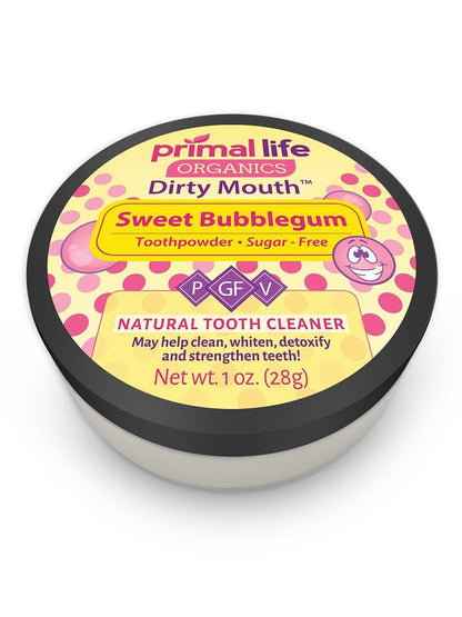 Dirty Mouth Toothpowder – Primal Life Organics, Organic Kaolin & Bentonite, Bubblegum