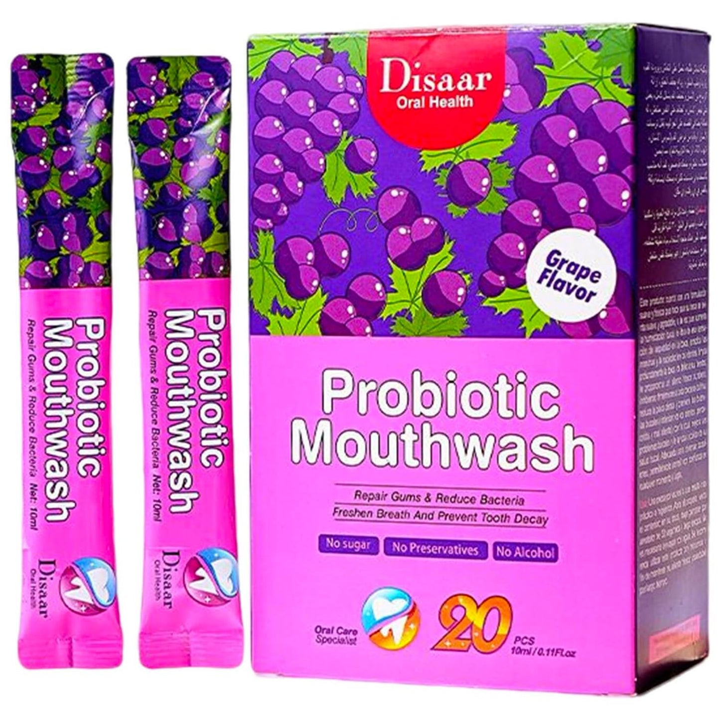 DISAAR Beauty Probiotic Mouthwash - Remove Stains & Fresh Breath (Grape, 20pcs)