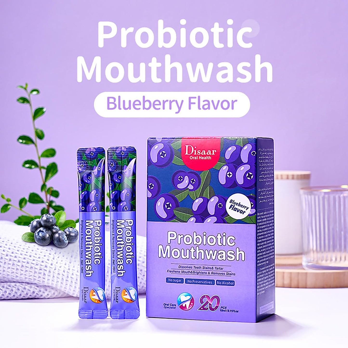 DISAAR BEAUTY Probiotic Mouthwash - Blueberry, 0.11 fl oz x20pcs