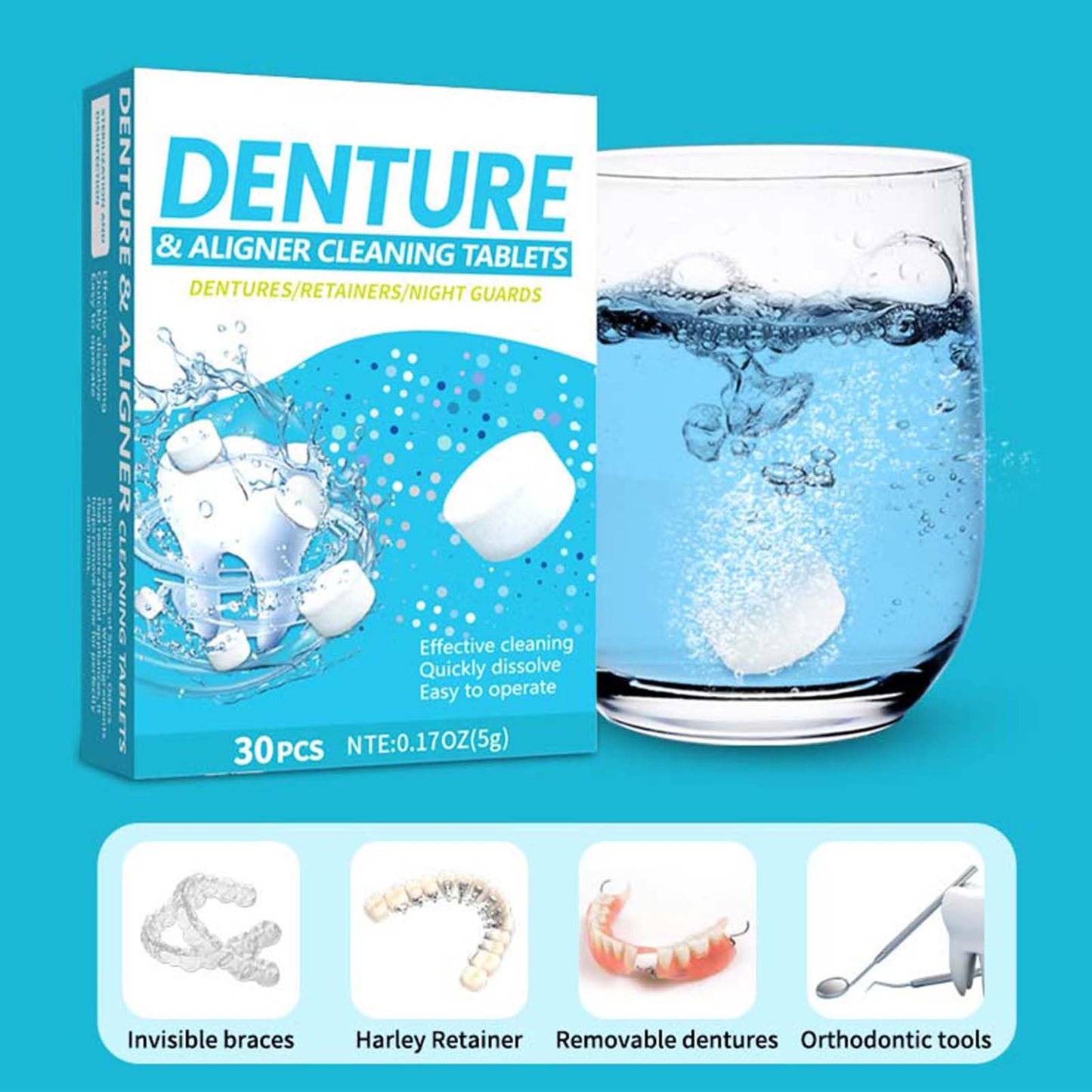 Retainer Cleaner Tablets 30 Count – Effervescent Cleaning for Aligners, Night Guards & Dentures