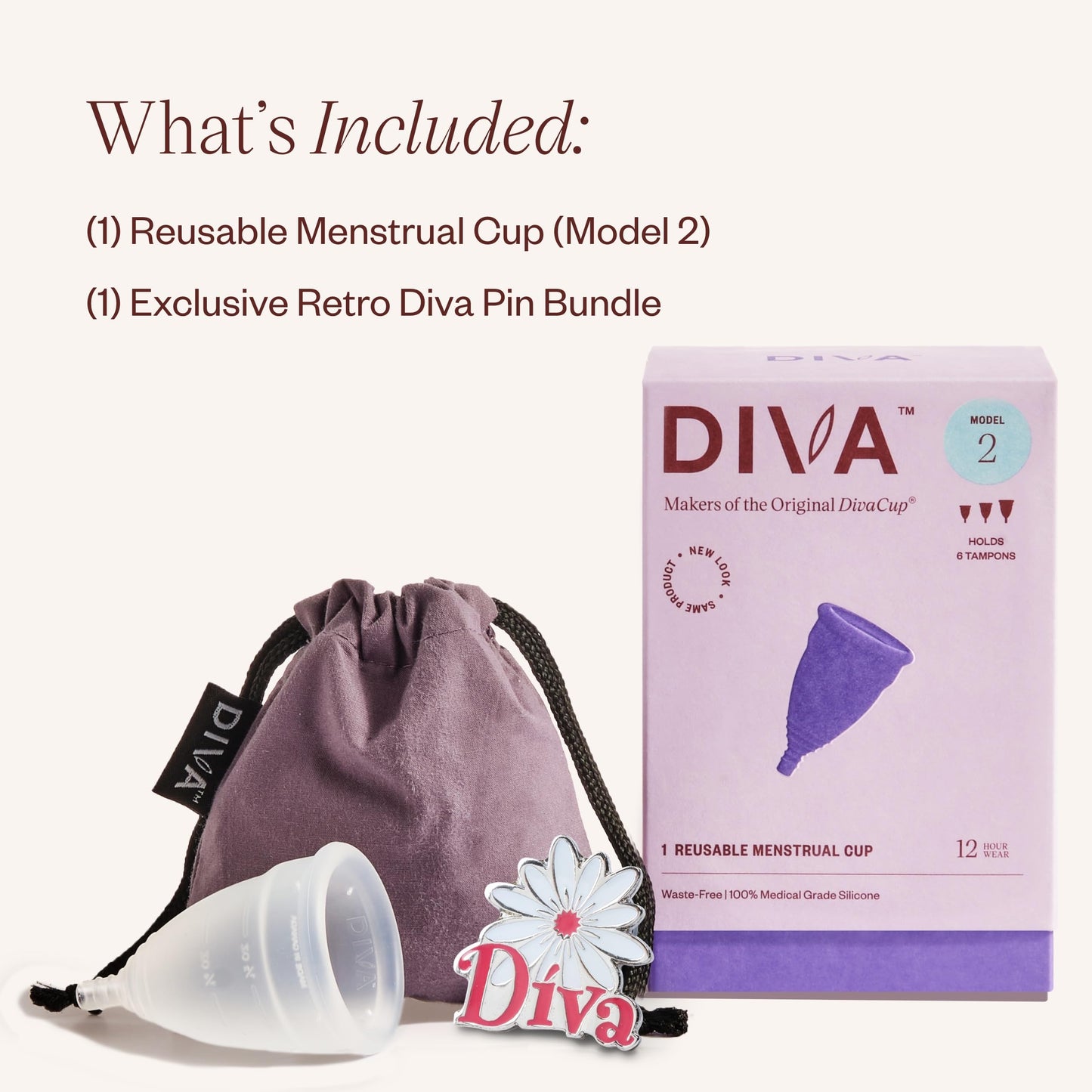 DIVA Cup Model 2 | Medical Grade Silicone Reusable Period Cup With Enamel Pin (Up to 12 Hours)