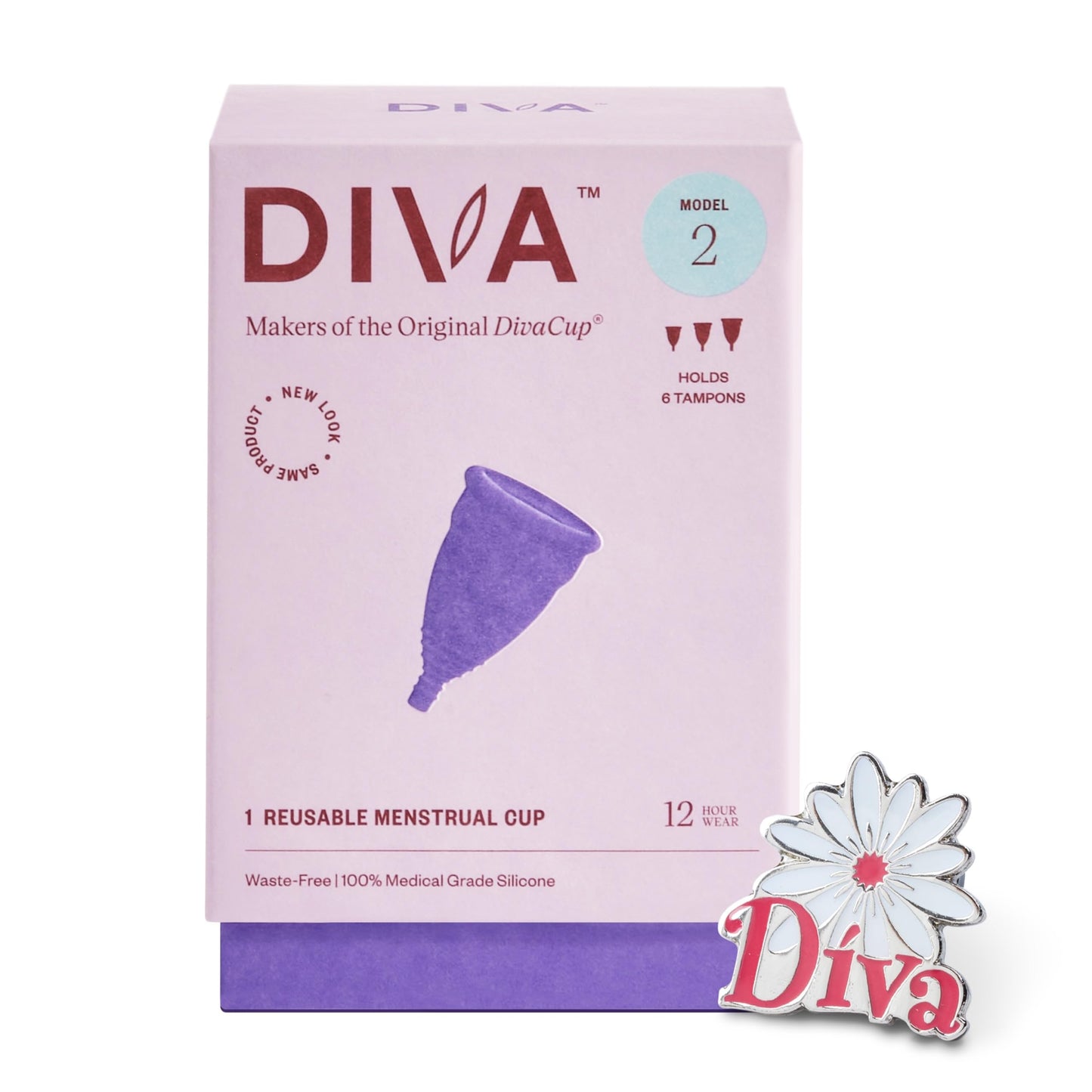 DIVA Cup Model 2 | Medical Grade Silicone Reusable Period Cup With Enamel Pin (Up to 12 Hours)