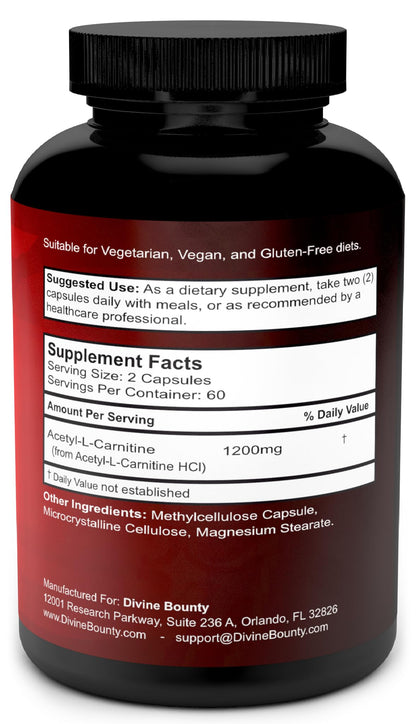 Divine Bounty Acetyl L-Carnitine Capsules 1200mg Per Serving - L-Carnitine Supplement 120 Vegetarian Capsules